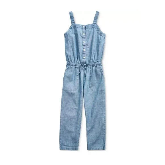 NEW! Polo Ralph Lauren Chambray Jumpsuit Button Front Blue Girls SZ 6-7 Years - Picture 1 of 8